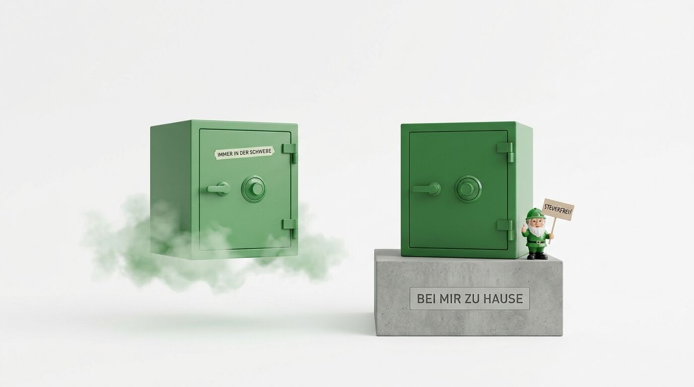 Zwei grüne Safes: links schwebt einer mit "IMMER IN DER SCHWEBE", rechts steht einer auf Betonblock mit Gartenzwerg und "BEI MIR ZU HAUSE"