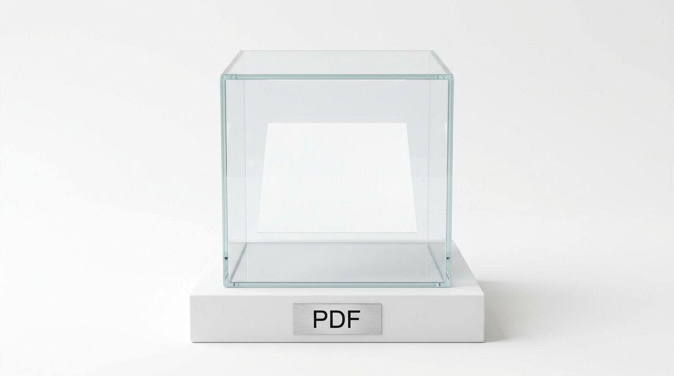 Ein Glaswürfel auf einem weißen Sockel mit der Aufschrift „PDF“