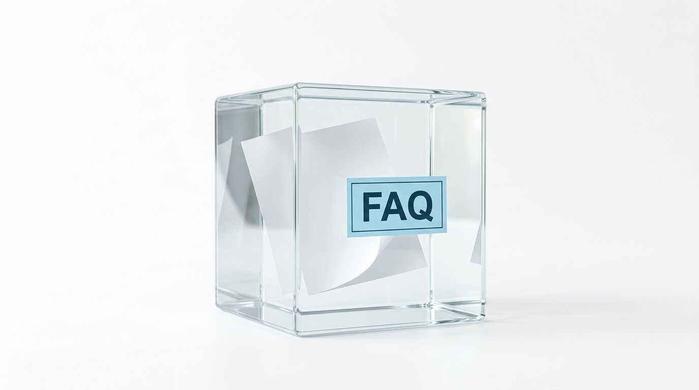 Ein Glaskubus mit Papierstücken und einem Aufkleber mit dem Text „FAQ“ steht auf weißem Untergrund