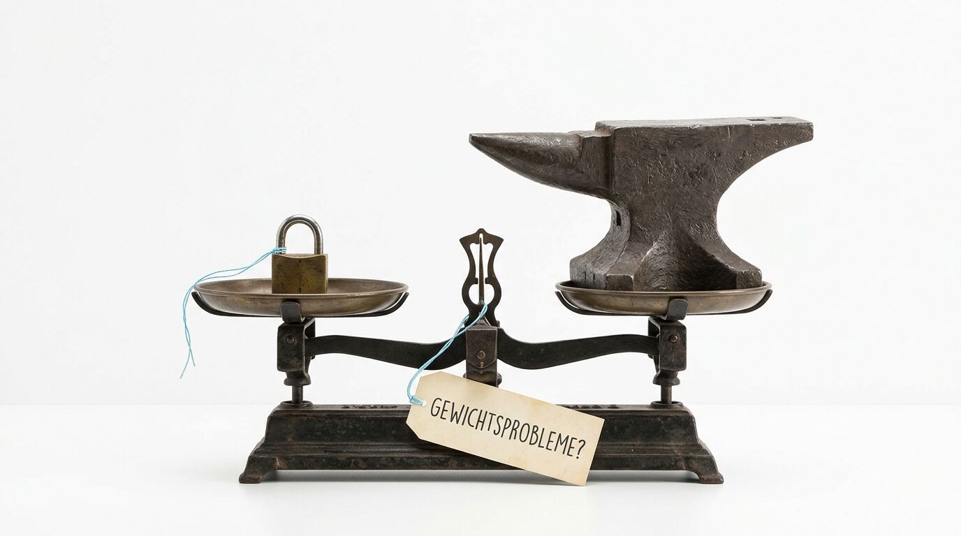 Alte Waage mit Vorhängeschloss links, Amboss rechts und Schild „GEWICHTSPROBLEME?“