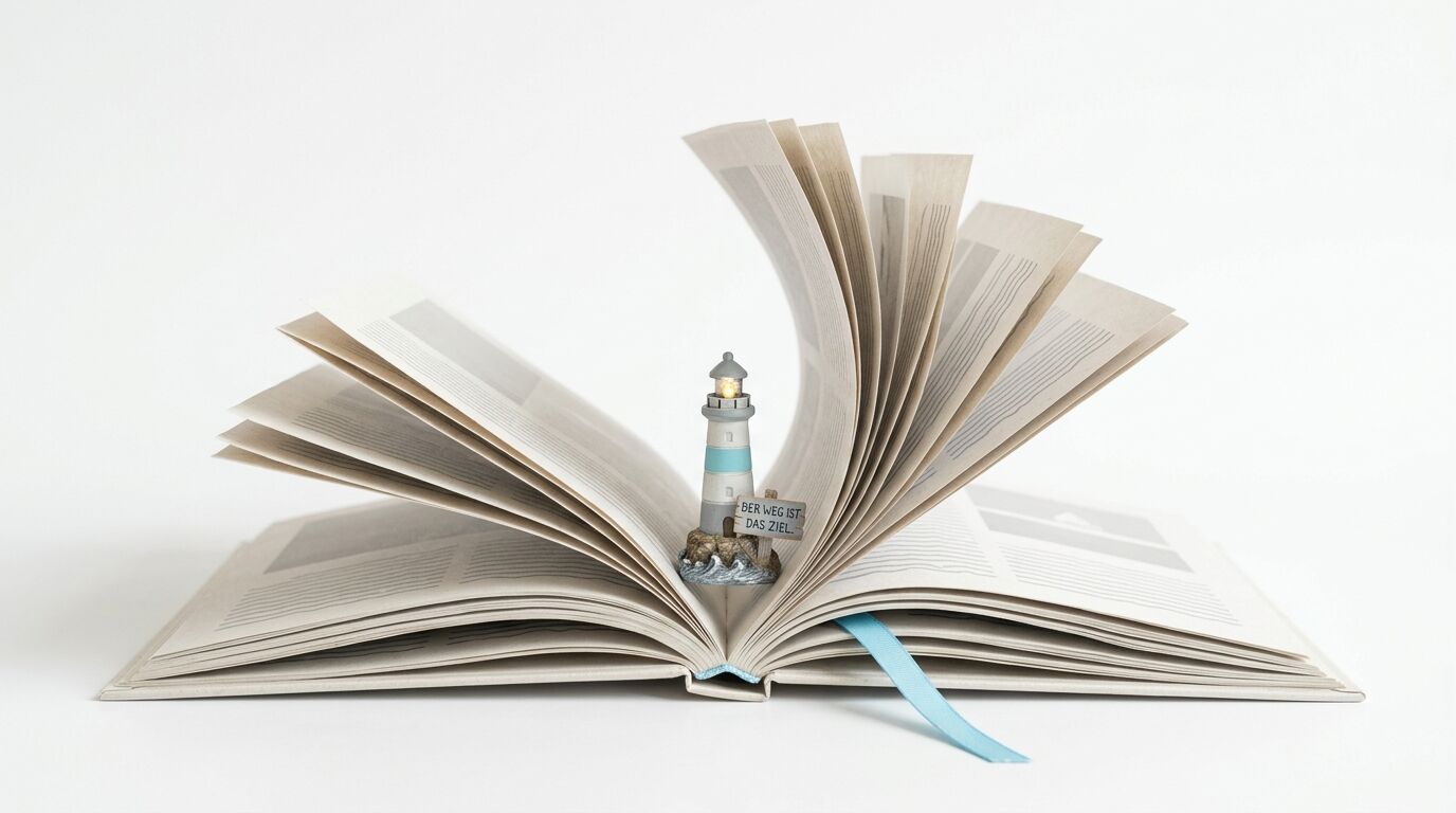 Offenes Buch mit einem Leuchtturm und Schild in der Mitte auf weißem Hintergrund