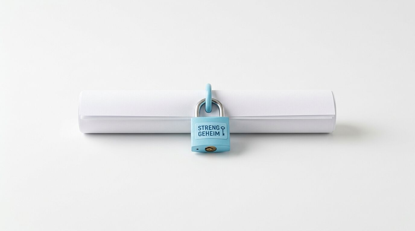 Ein hellblaues Vorhängeschloss mit der Aufschrift „STRENG GEHEIM“ verschließt eine Papierrolle