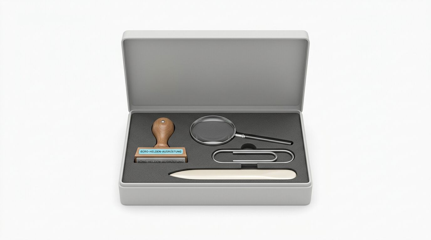 Graue Box mit Stempel, Lupe, Büroklammer und Brieföffner