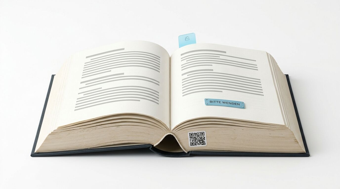 Aufgeschlagenes Buch mit einem Lesezeichen oben und einem QR-Code im Falz auf weißem Grund
