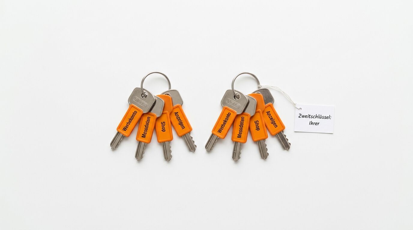 Zwei Schlüsselbunde mit je vier Schlüsseln und orange Kunststoffkennzeichnern auf hellem Hintergrund