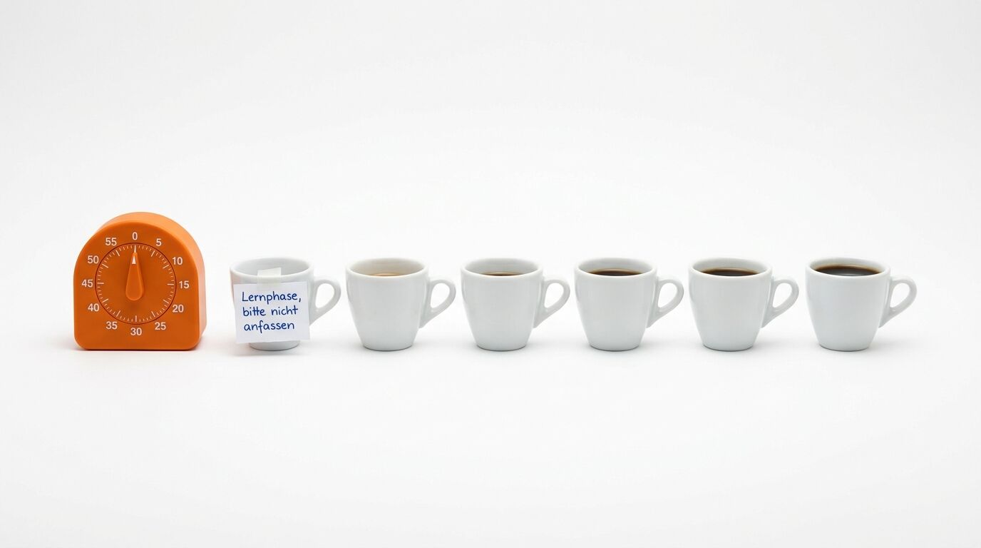 Orangene Küchenuhr neben sechs weißen Tassen, eine mit deutschem Text bedruckt, die anderen mit Kaffee gefüllt