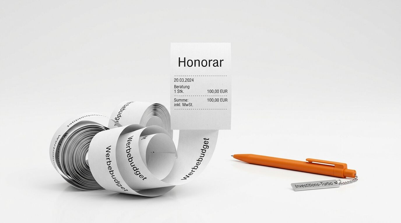 Honorarrechnung für Beratung vom 20.03.2024 über 100 EUR mit Spiralbindung, Stift und Schlüsselanhänger