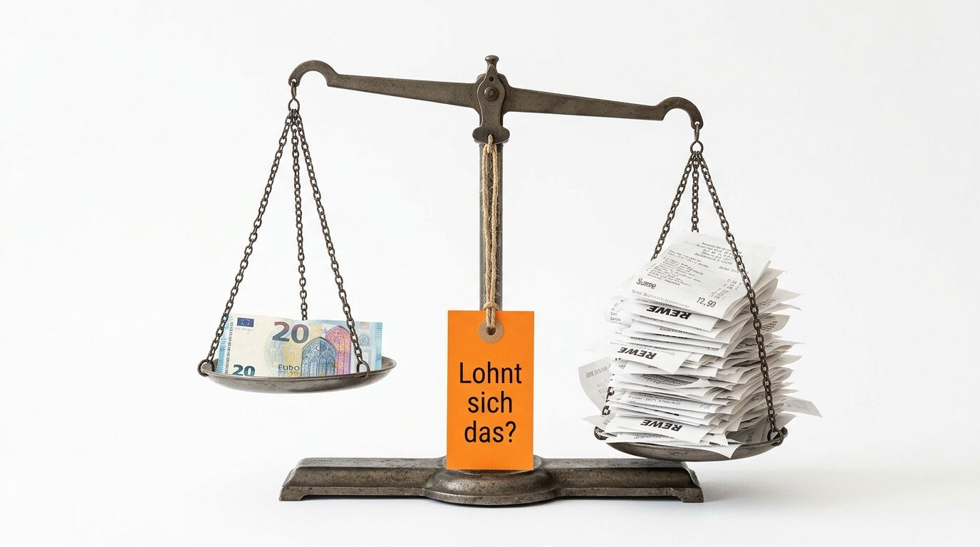Waage mit Euro-Geldschein links und Rechnungsstapel rechts, dazwischen orange Schild mit "Lohnt sich das?"