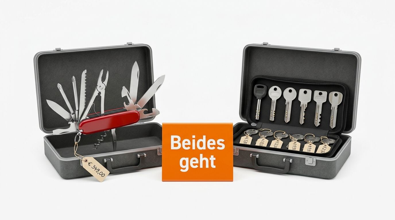 Zwei offene Koffer mit Schlüsseln und Schweizer Messer, dazwischen ein oranges Schild mit "Beides geht"