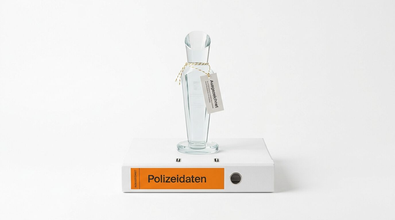 Glasvase mit Anhänger steht auf weißem Aktenordner, beschriftet mit „Polizeidaten“