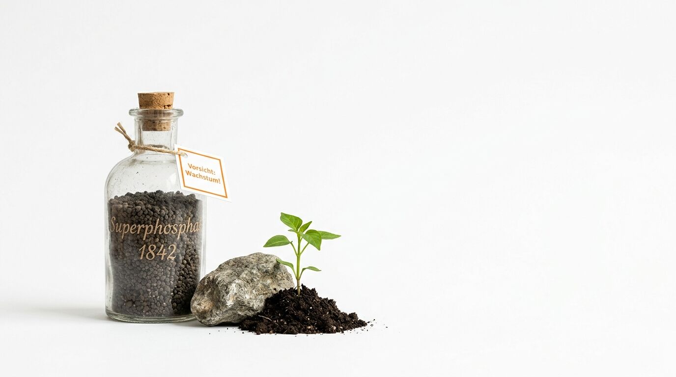 Glasflasche mit Granulat, Stein und Keimling auf weißem Grund