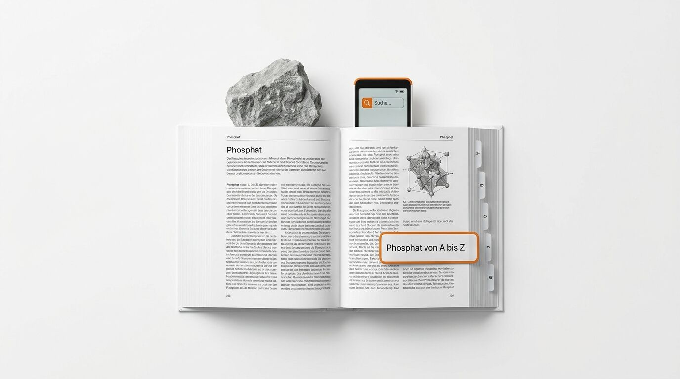 Aufgeschlagenes Buch zu Phosphat mit Smartphone, Büste und Textbox „Phosphat von A bis Z“