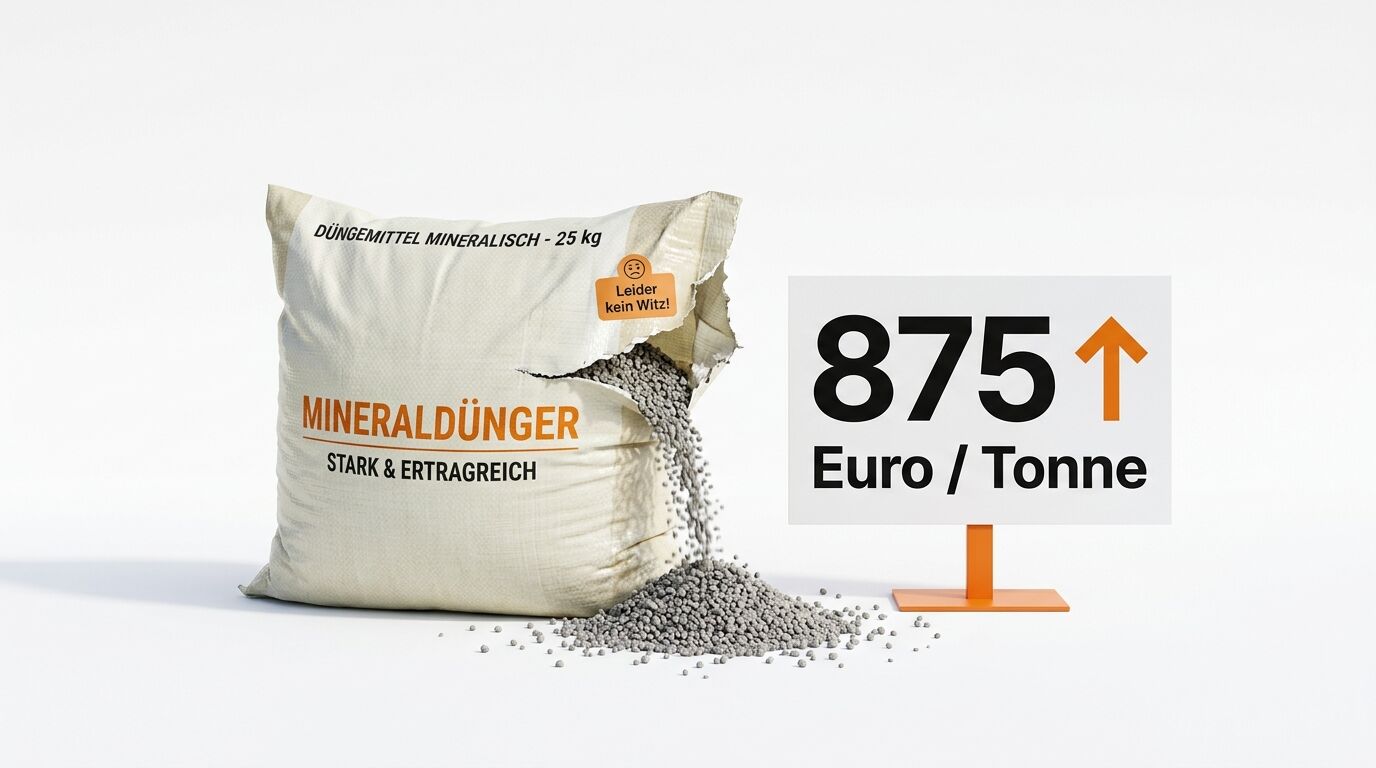 Ein Sack Mineraldünger mit Preisschild von 875 Euro pro Tonne und steigendem Pfeil