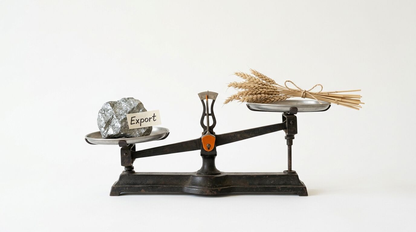 Waage mit schwerem Erz und leichtem Getreidebund, Schild „Export“ am Erz