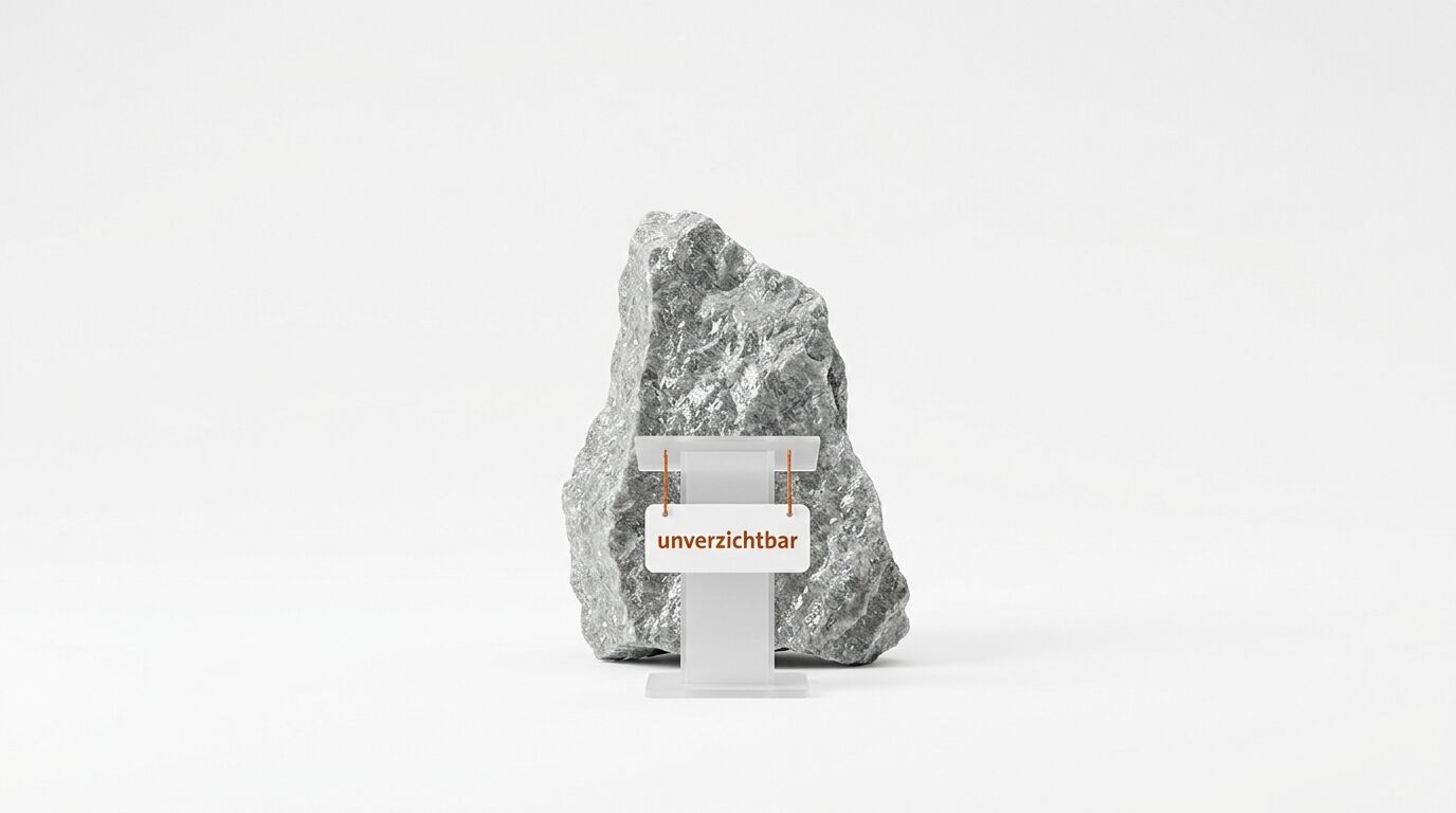 Ein roher Metallklumpen auf Acrylständer mit Schild „unverzichtbar“ vor weißem Hintergrund
