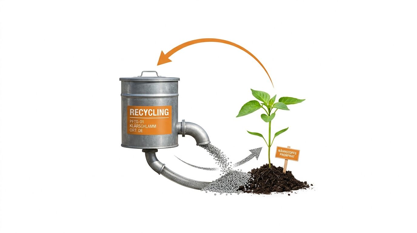 Grafik zum Klärschlamm-Recycling: Dünger aus Tank nährt Pflanze, Pfeil zurück zum Tank