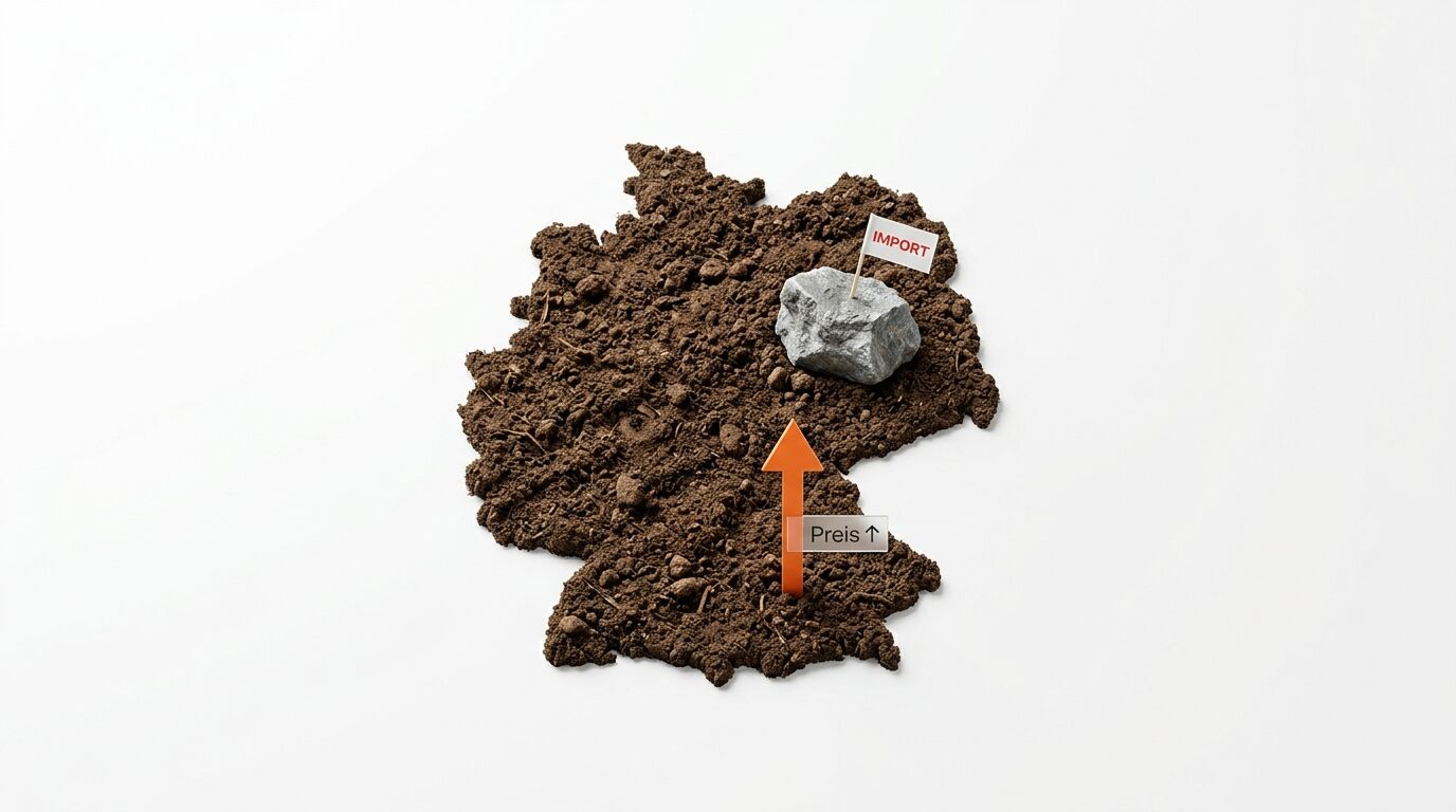 Erde in Form Deutschlands mit einem Stein, einer IMPORT-Flagge und einem Preis-Aufwärtspfeil