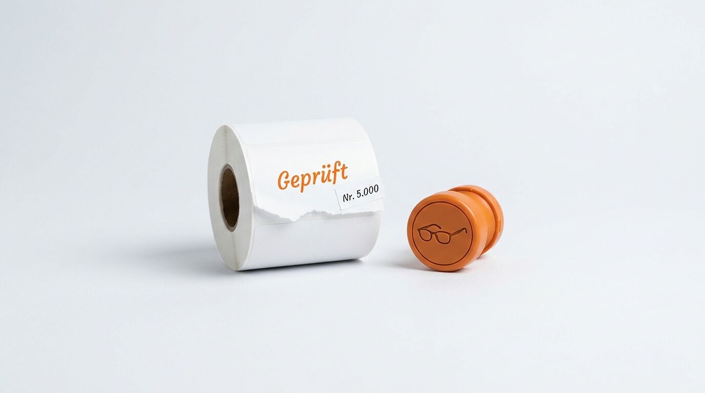 Rolle Etiketten „Geprüft Nr. 5.000“ und oranger Brillenstempel vor weißem Hintergrund