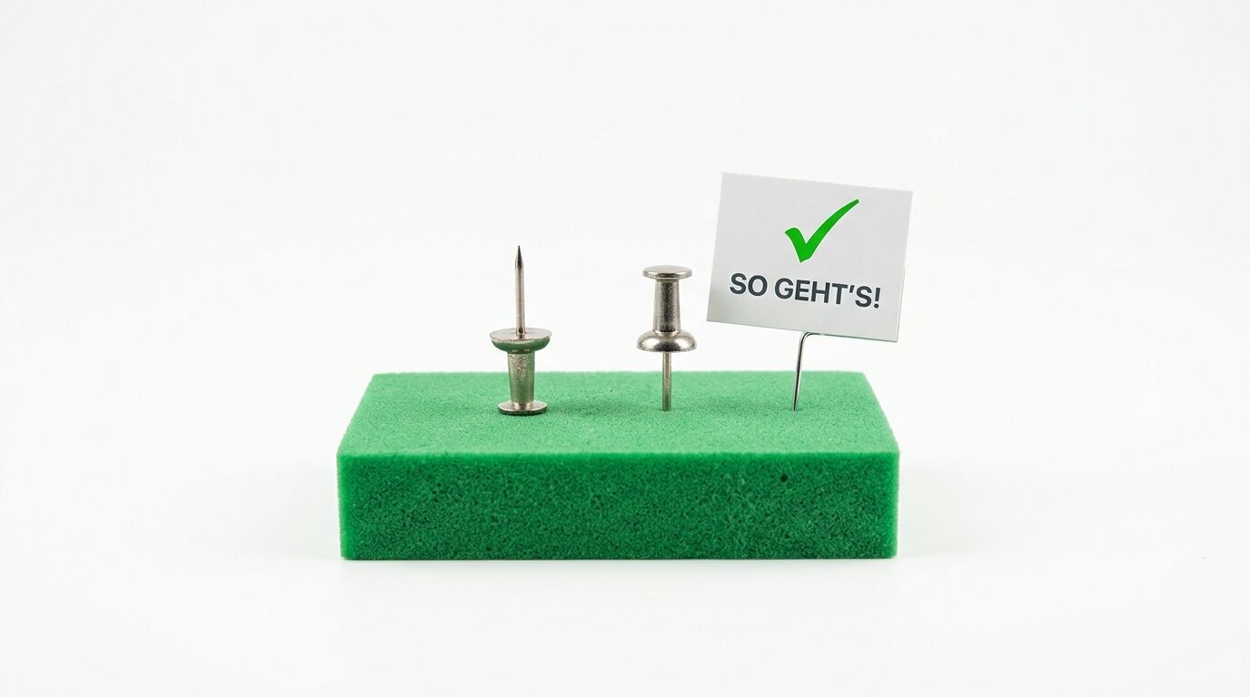 Grüner Schaumstoffblock mit drei Metallstiften und Flagge mit Häkchen und Text "SO GEHT'S!"