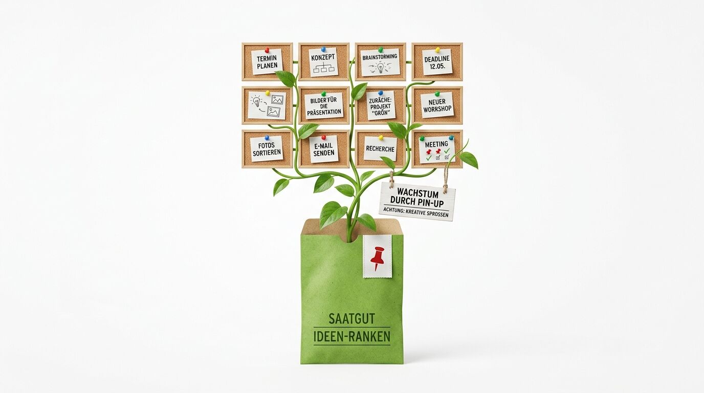 Eine grüne Papiertüte mit Pflanze und Notizkarten als visuelles Konzept für Ideenmanagement und Projektplanung