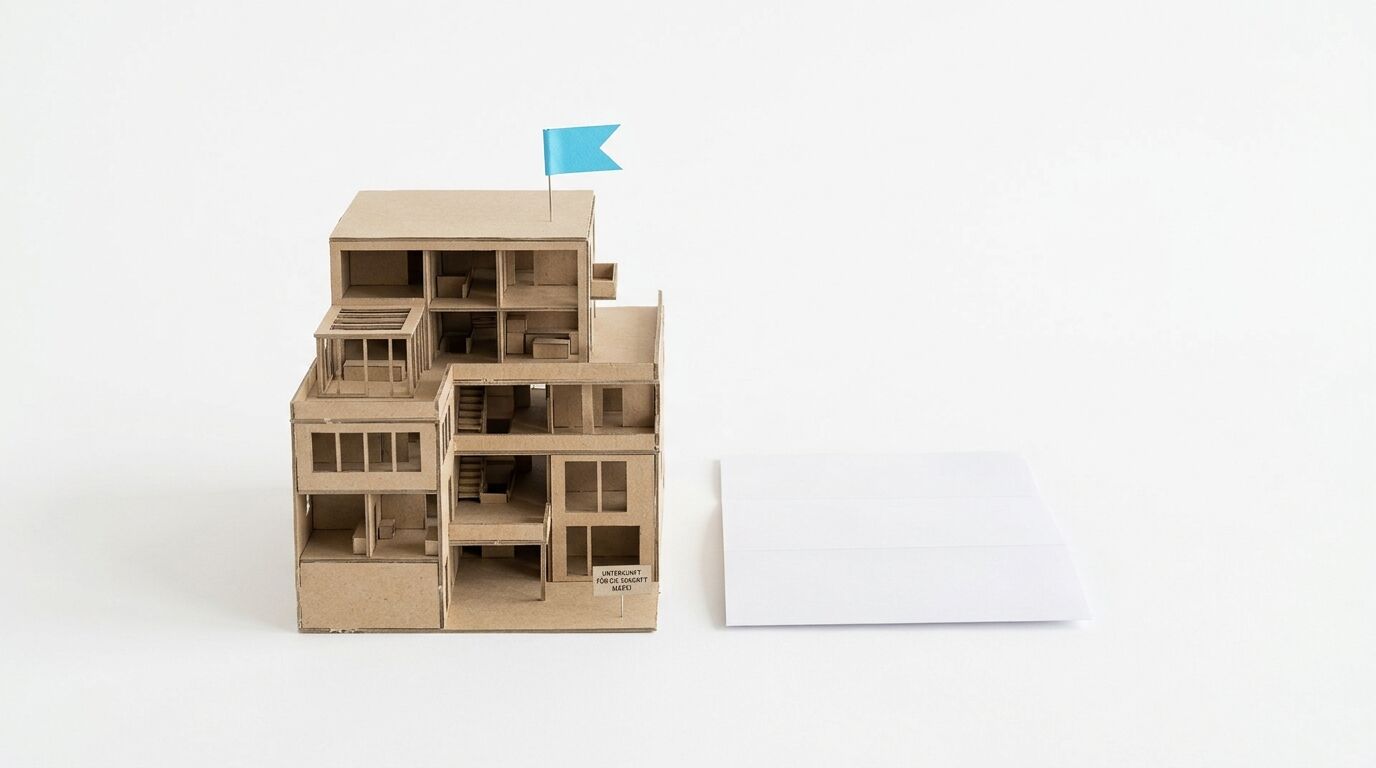 Architekturmodell aus Pappe mit blauer Flagge und weißem Zettel auf weißem Grund