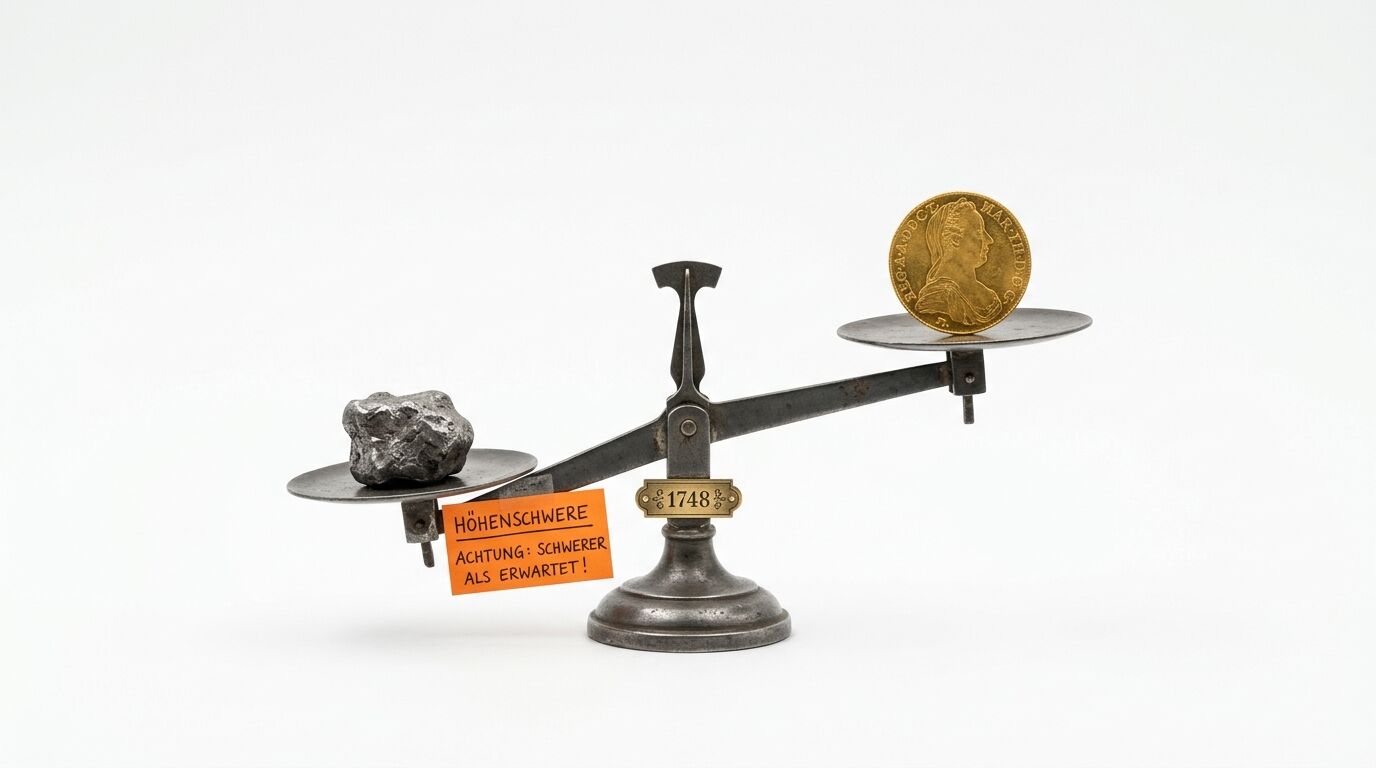 Waage mit Meteorit links, Goldmünze rechts, ungleichgewicht, mit Hinweisschild
