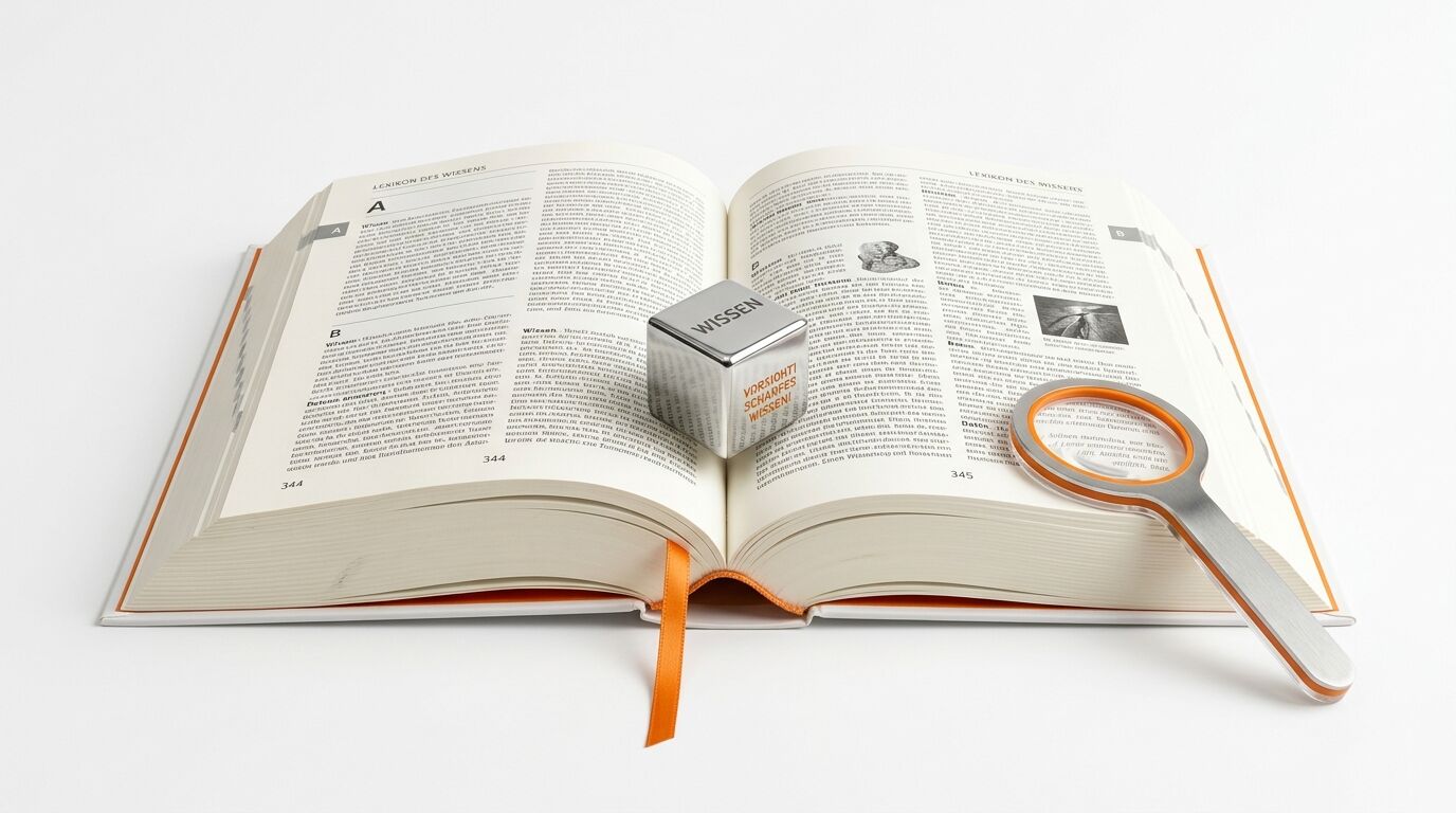 Aufgeschlagenes Buch mit Text und Bildern, Lupe und Würfel auf weißem Untergrund