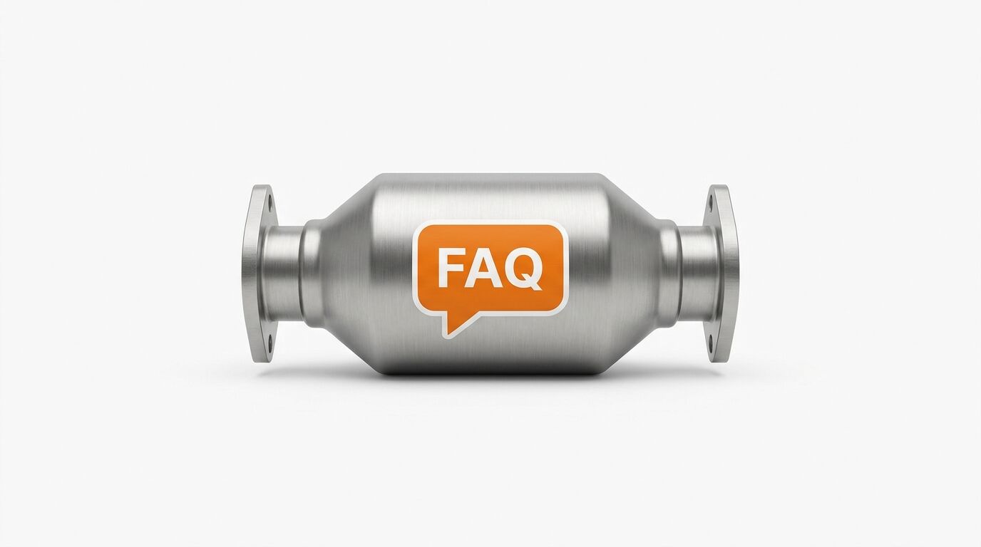Ein Metall-Katalysator mit orangefarbenem FAQ-Sprechblasensymbol davor auf weißem Grund