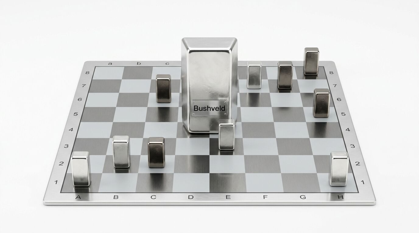 Metallschachbrett mit rechteckigen Metallblöcken, der zentrale trägt das Wort „Bushveld“
