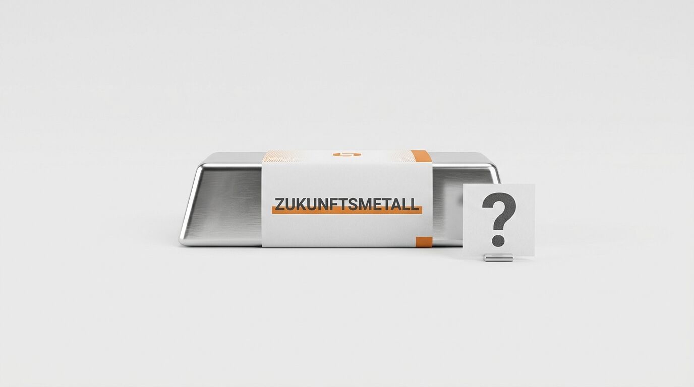 Silberbarren mit Banderole „ZUKUNFTSMETALL“ und Fragezeichen auf Karte davor