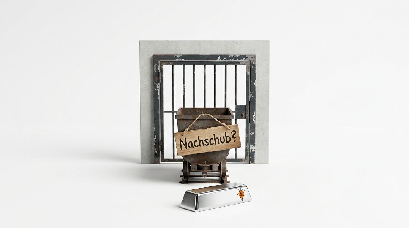 Verrosteter Erzwagen mit Schild „Nachschub?“, davor Silberbarren und Gittertor im Hintergrund