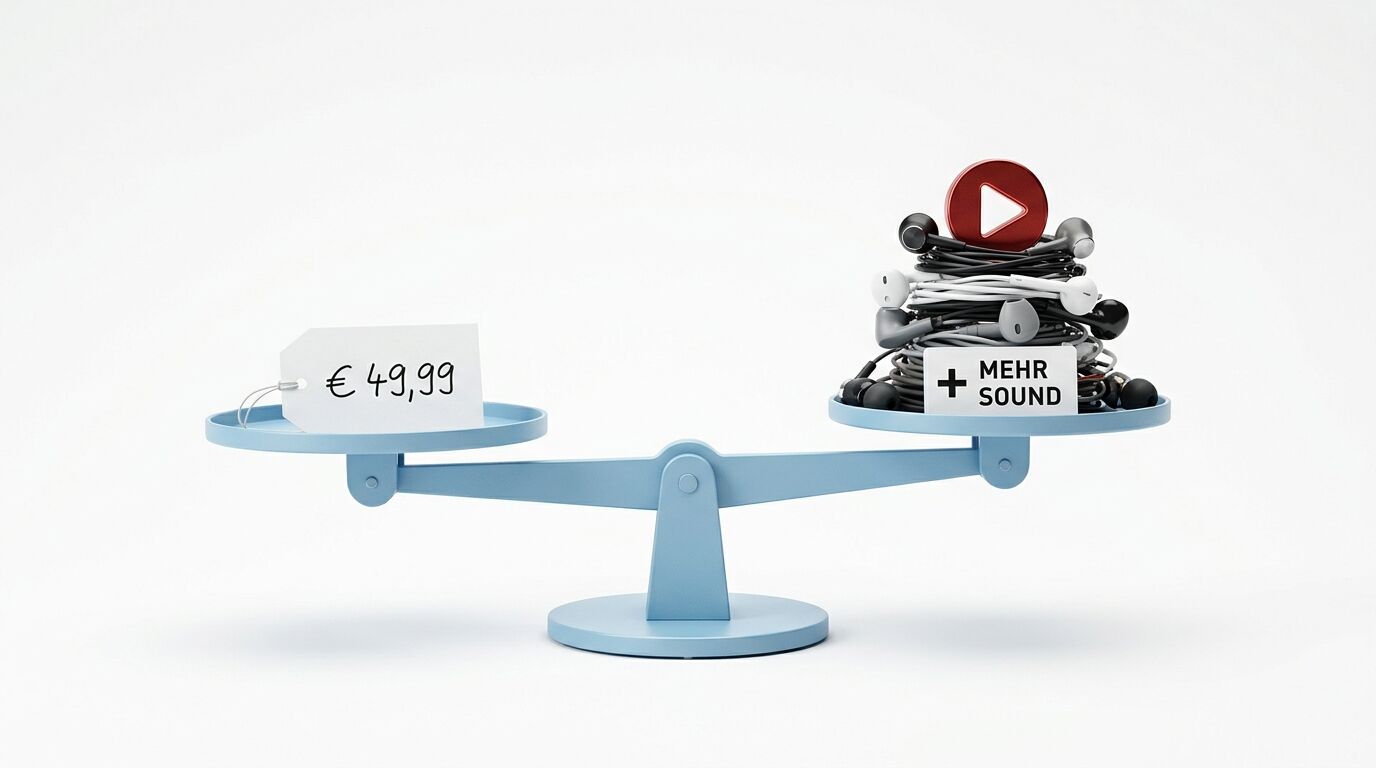Eine Waage zeigt auf der linken Seite ein Preisschild mit "€ 49,99" und auf der rechten Seite einen Stapel Kopfhörer mit Play-Button und "MEHR SOUND"-Etikett