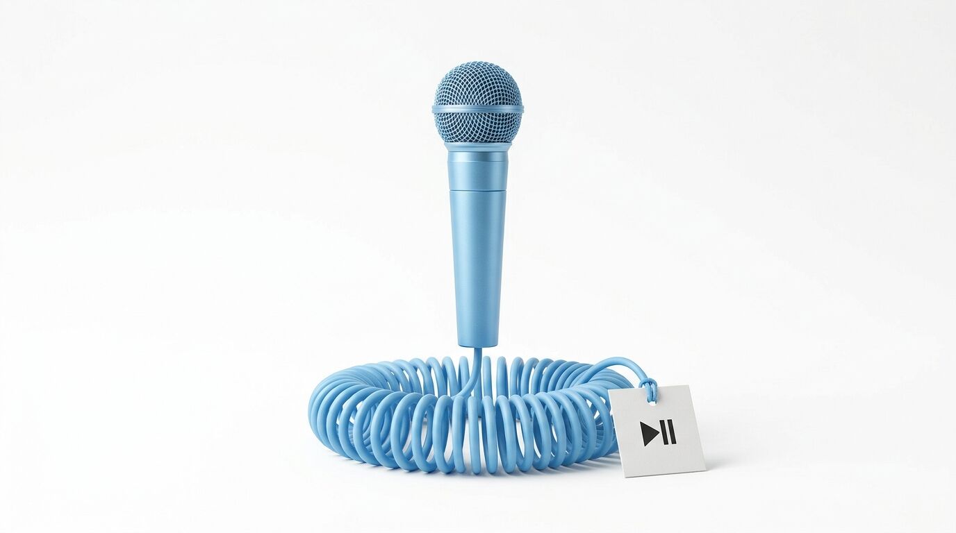 Blaues Mikrofon mit Spiralkabel und Stecker auf weißem Hintergrund