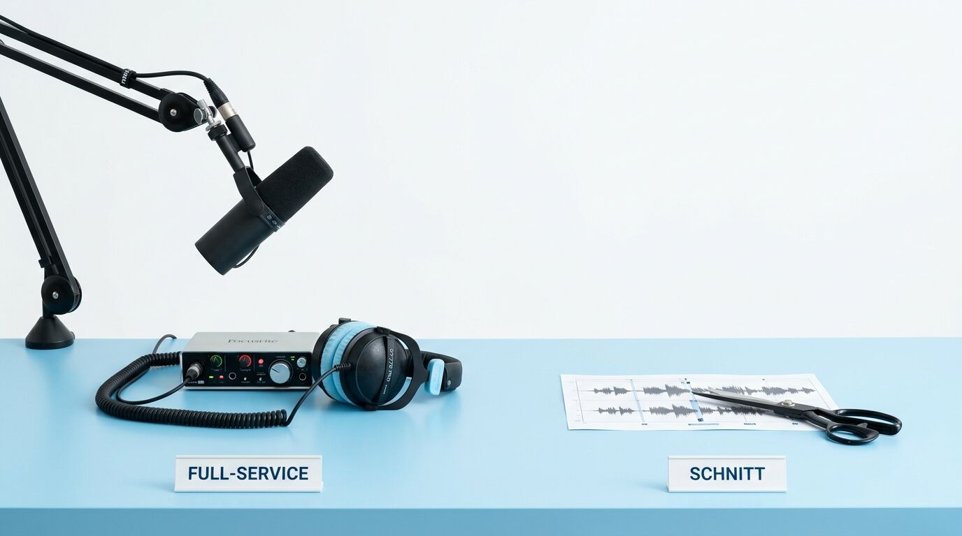 Vergleich von Podcast-Setups: Vollständiges Studio mit Mikrofon, Kopfhörern und Mischpult versus minimales Schnitt-Setup mit Kopfhörern und Schere