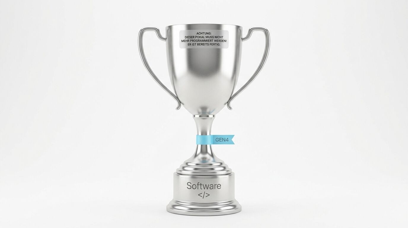 Silberner Pokal mit Aufschrift, blauem Band und Textbeschriftungen