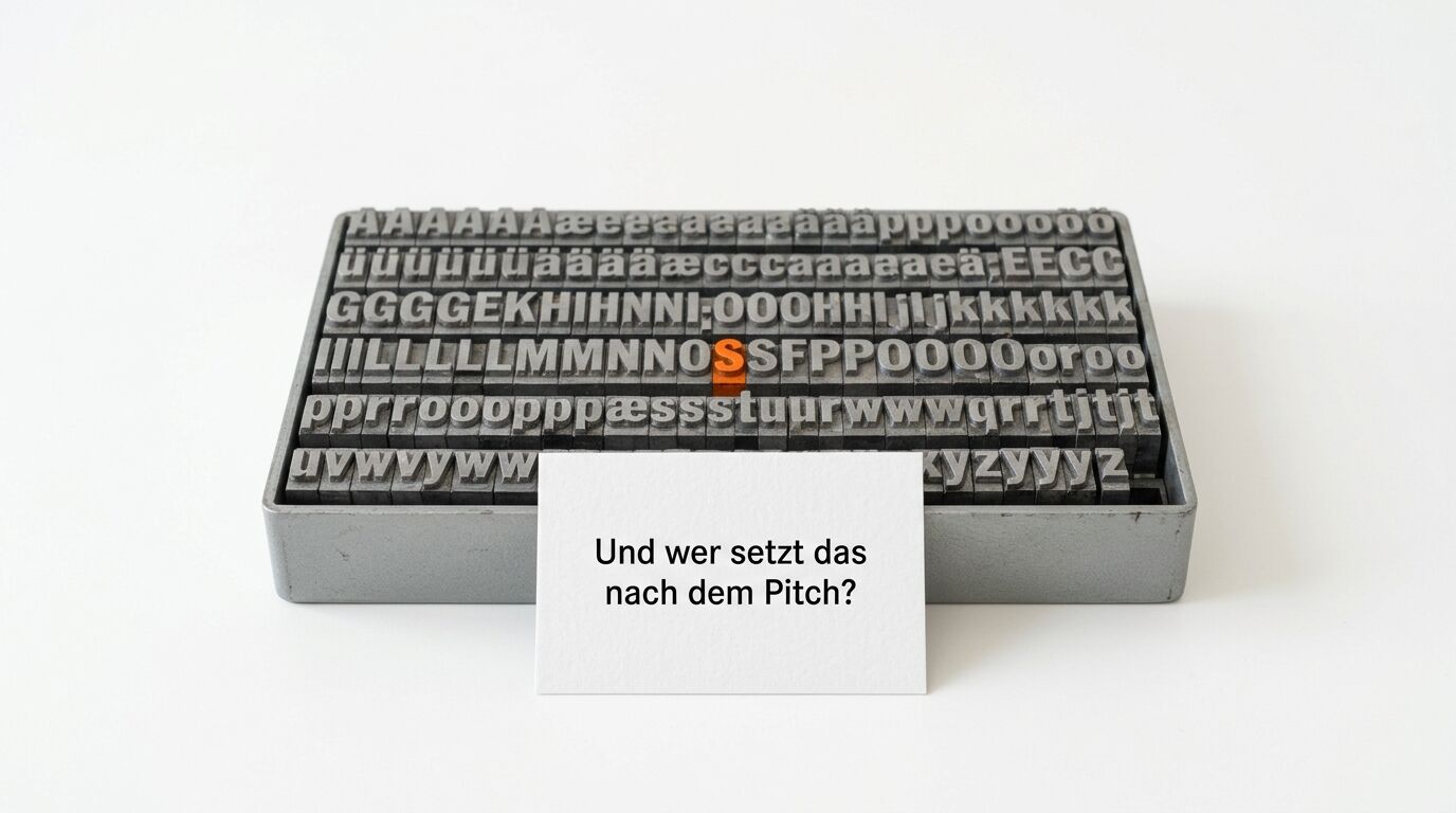 Druckersatztypen aus Metall mit einer orangefarbenen "S" und einer Karte mit deutschem Text davor