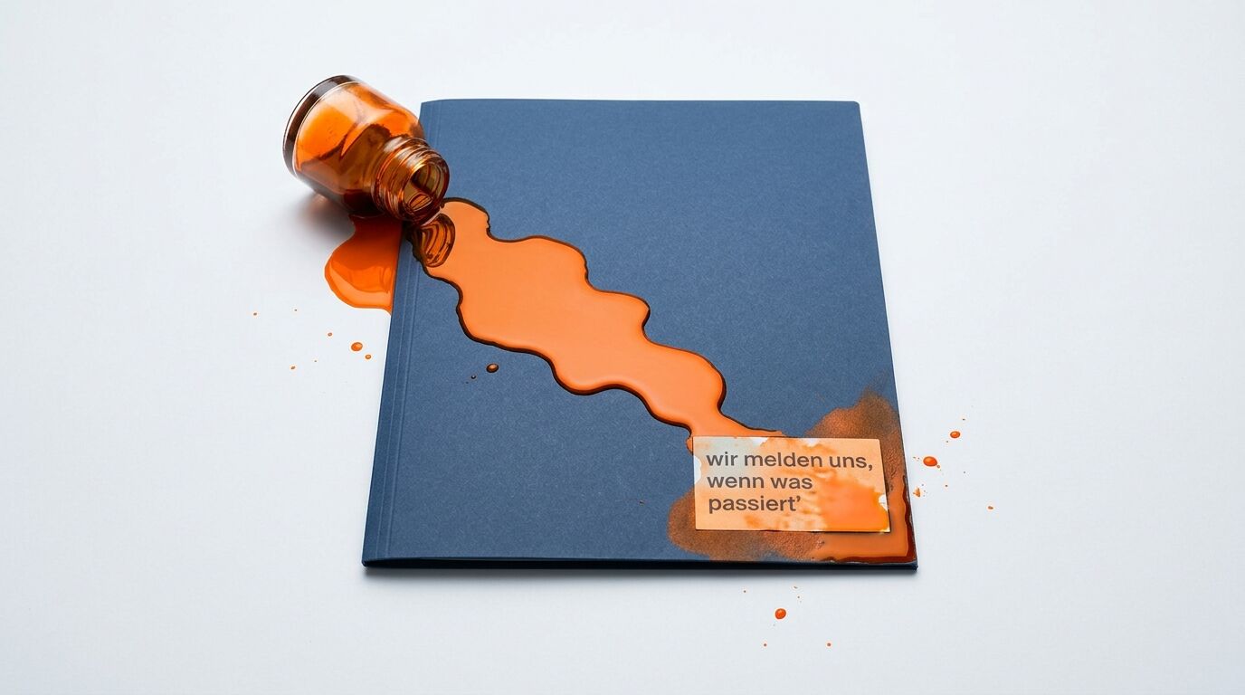 Umgestürztes Glasfläschchen mit orangefarbener Flüssigkeit auf blauem Buch mit ausgestanztem Muster und deutschem Text