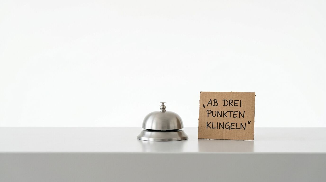 Eine Hotelklingel neben einem Kartonschild mit der Aufschrift "AB DREI PUNKTEN KLINGELN" auf weißem Untergrund