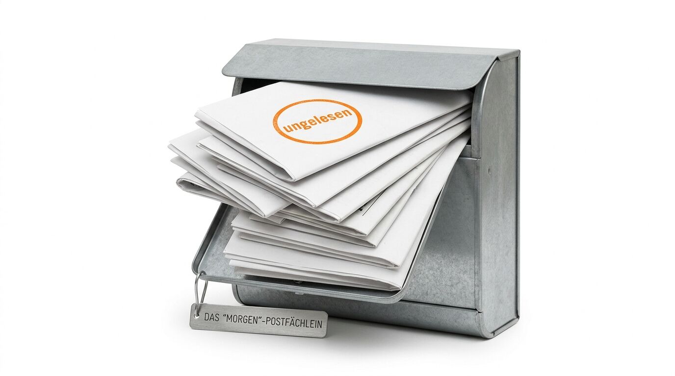 Metallischer Briefkasten mit mehreren weißen Umschlägen. Der oberste trägt ein oranges "ungelesen"-Logo. Unten steht "DAS 'MORGEN'-POSTFÄCHLEIN"