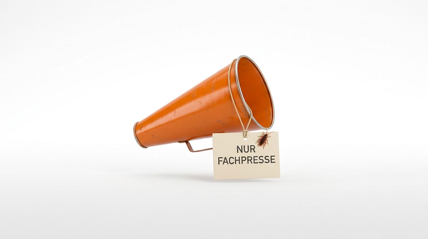 Orange Megafon mit Schild "NUR FACHPRESSE" auf weißem Hintergrund
