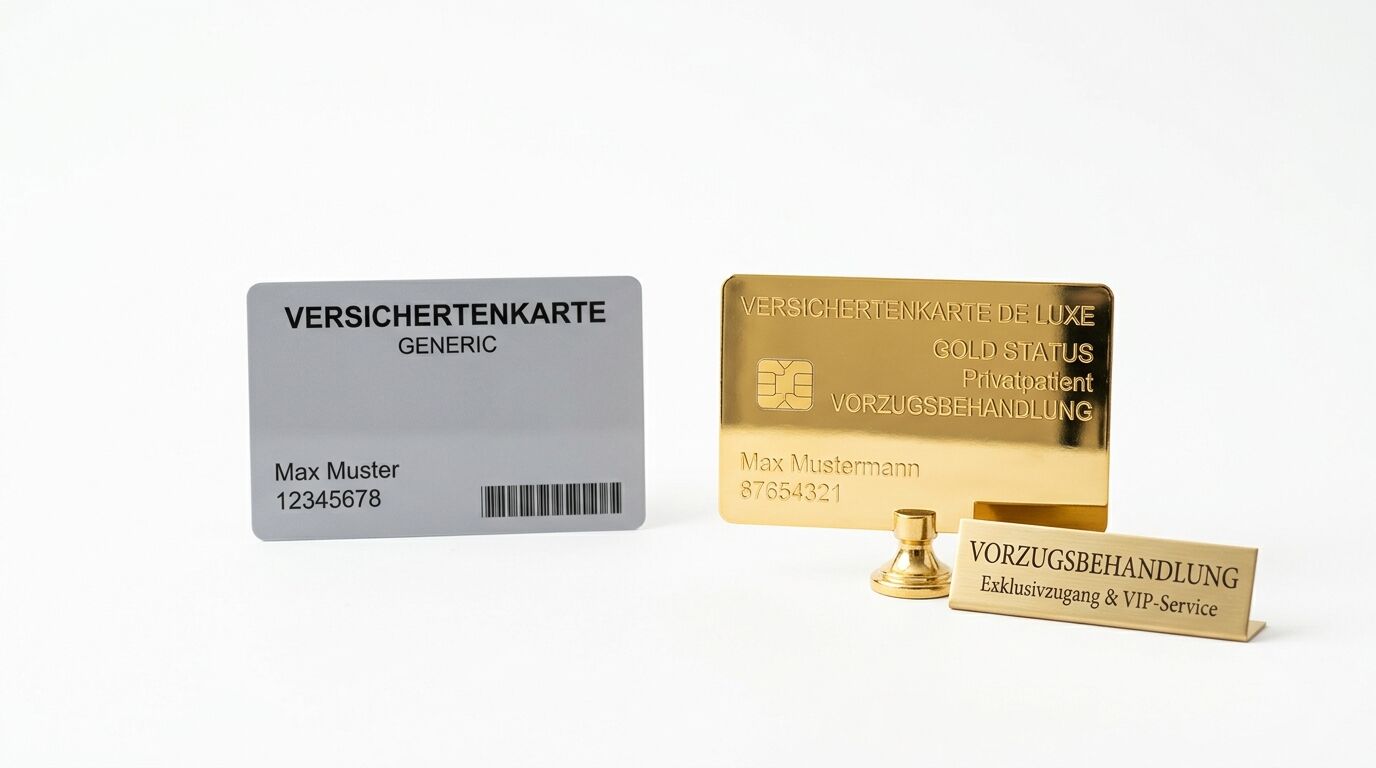 Eine graue und eine goldene Versichertenkarte neben einem goldenen Aufsteller