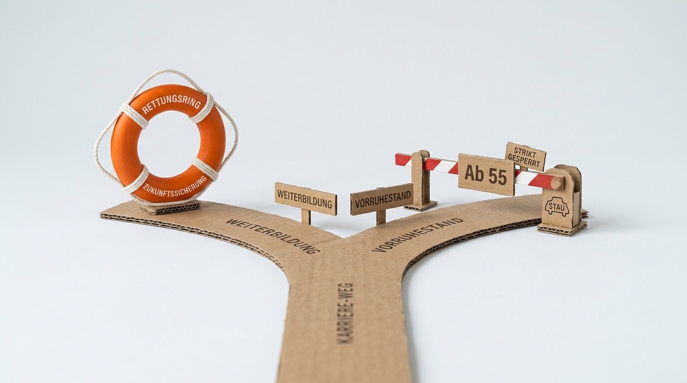 Papp-Wegesymbolgabelung: Links Rettungsring, rechts Barrieren mit Text