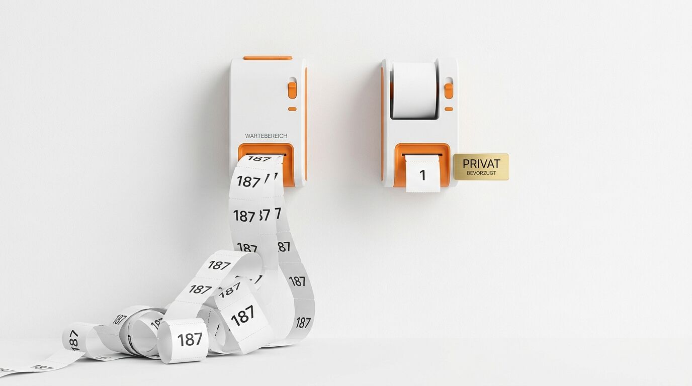 Zwei Nummernspender: links eine lange Schlange mit „187“, rechts ein kurzes Ticket mit „1“