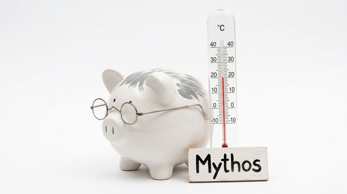 Sparschwein mit Brille neben Thermometer und Holzschild mit Aufschrift „Mythos“ vor weißem Grund