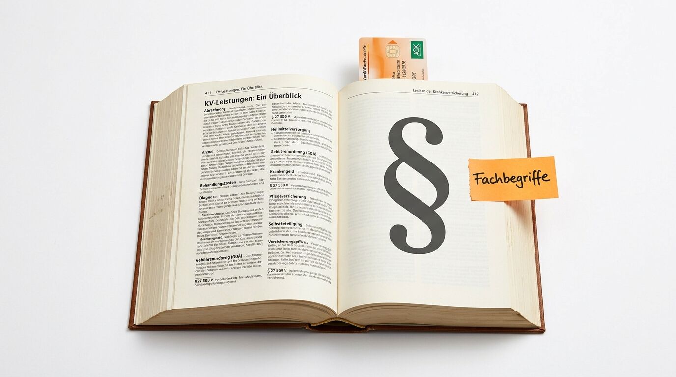 Geöffnetes Buch mit Gesetzestexten und Paragrafen-Symbol, AOK-Versichertenkarte und Notizzettel