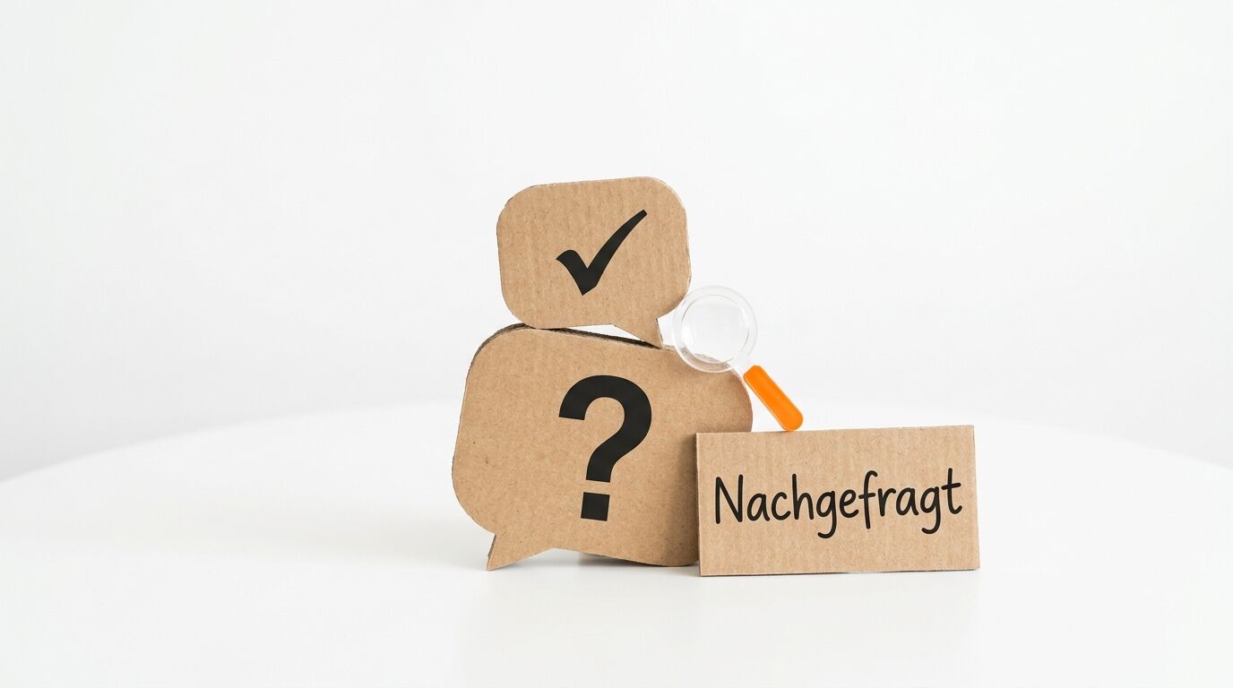 Karton-Sprechblasen mit Fragezeichen und Haken, dazu eine Lupe und das Schild „Nachgefragt“