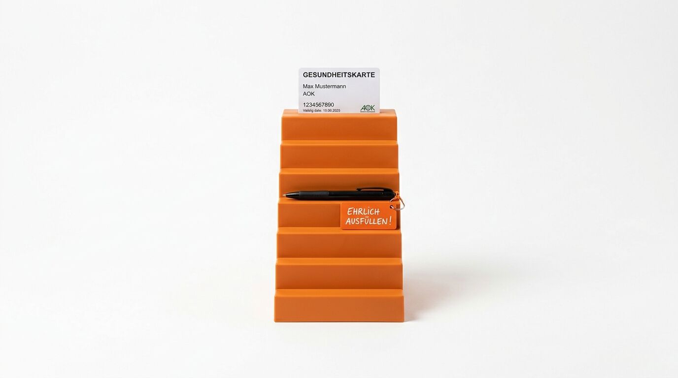 Orange Karteikasten mit Gesundheitskarte von Max Mustermann, Kugelschreiber und weißem Etikett "Ehrlich ausfüllen!"