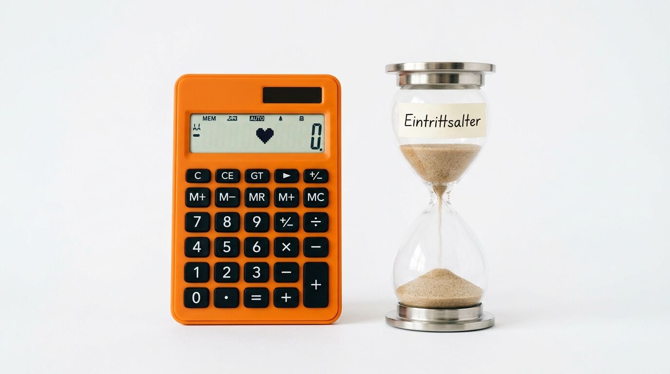 Orangener Taschenrechner neben einer Sanduhr mit der Aufschrift "Eintrittsalter" auf hellem Hintergrund