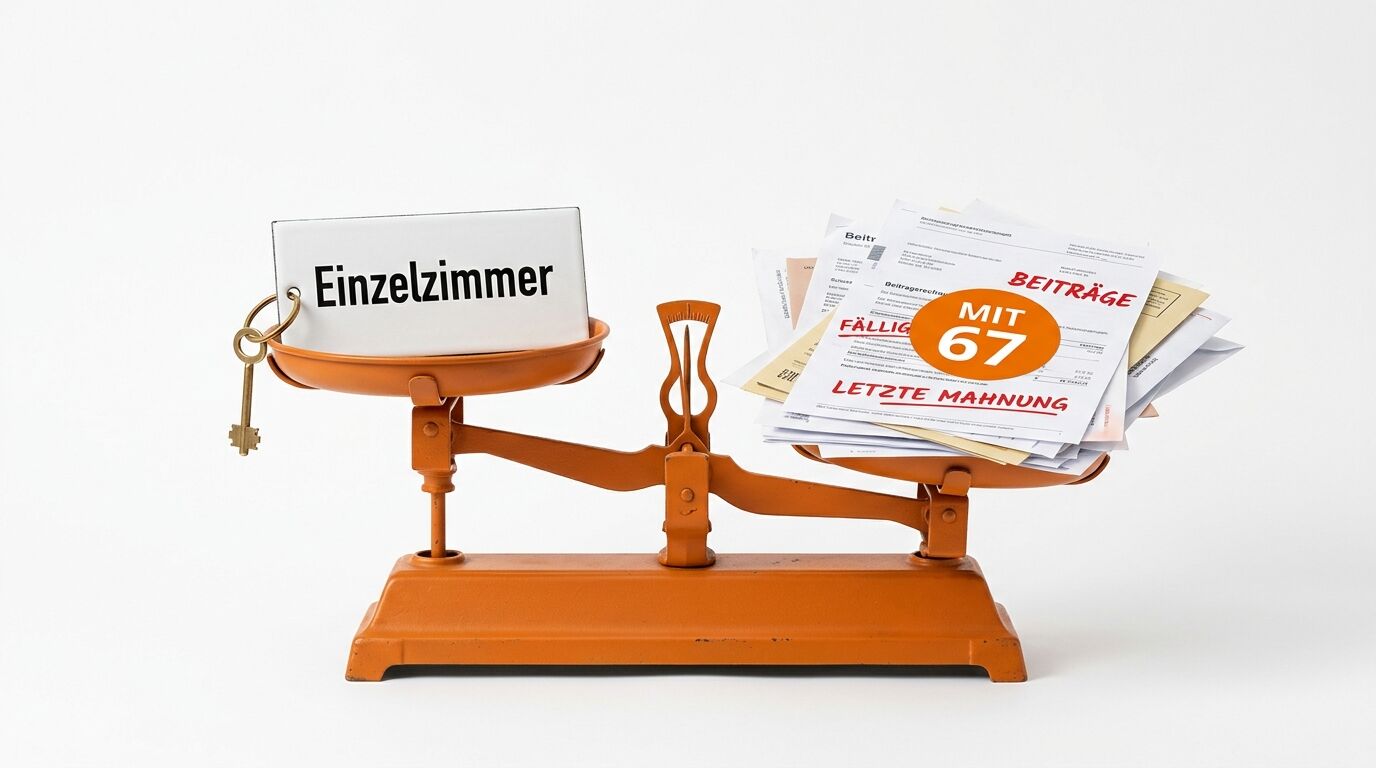 Orangefarbene Waage mit Schild "Einzelzimmer" und Dokumenten mit "MIT 67" und "LETZTE MAHNUNG"
