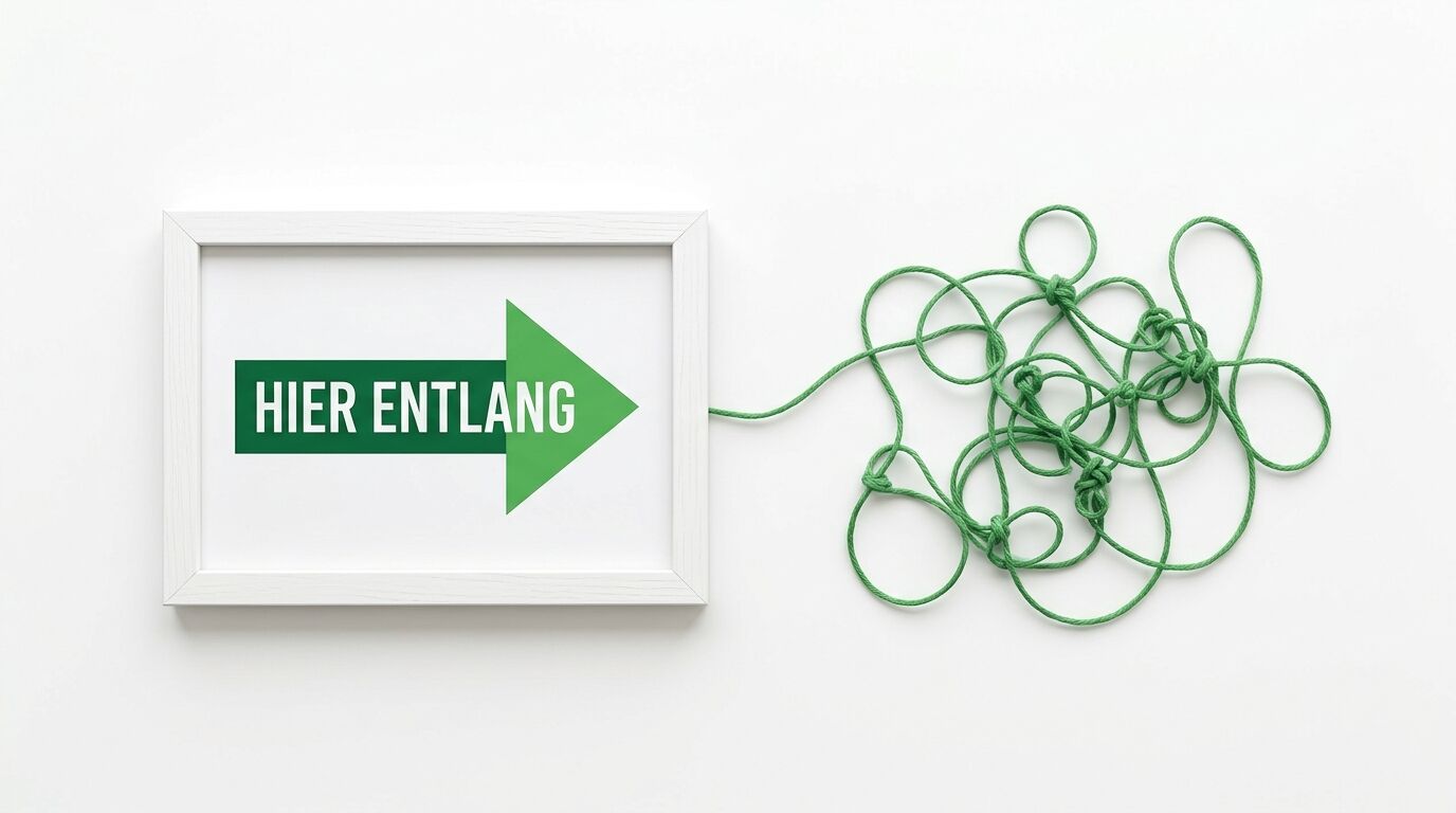 Ein Bilderrahmen mit dem Pfeil „Hier entlang“ und einem grünen Fadengewirr rechts
